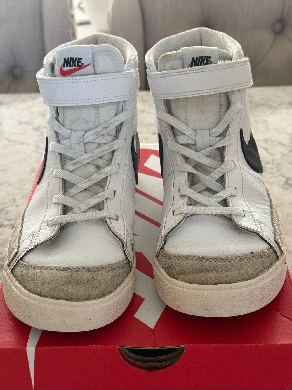 Nike Kids White High-Top Sneakers with Black Swoosh and Pink Tongue Logo